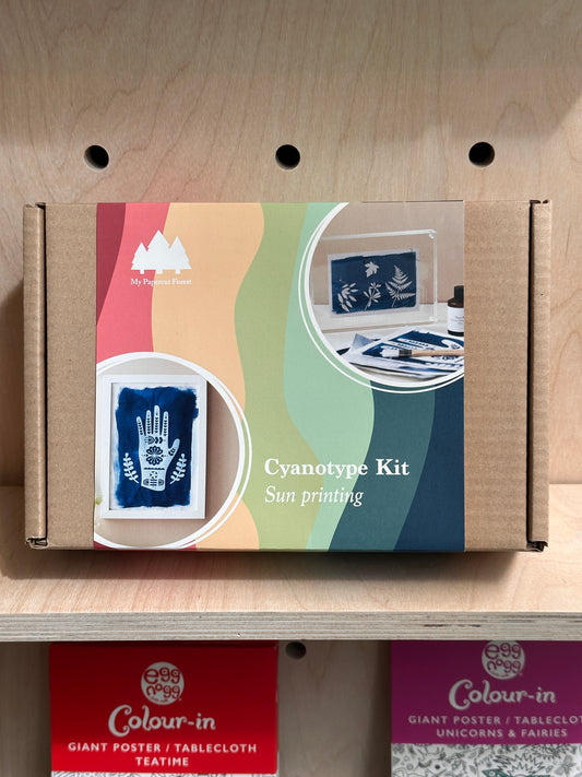 A cyanotype kit in a brown cardboard box with a colorful front label reading 'Cyanotype Kit Sun printing.' The box is placed on a light wood surface, with two red and pink product boxes partially visible underneath.