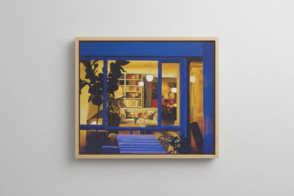 A painting-style depiction of a cozy interior scene viewed through blue-framed windows, with a warm yellow glow, bookshelves, hanging lights, a sofa, and a child lying on a couch. The scene fills the frame and appears to be the artwork itself rather than a real photographed environment.