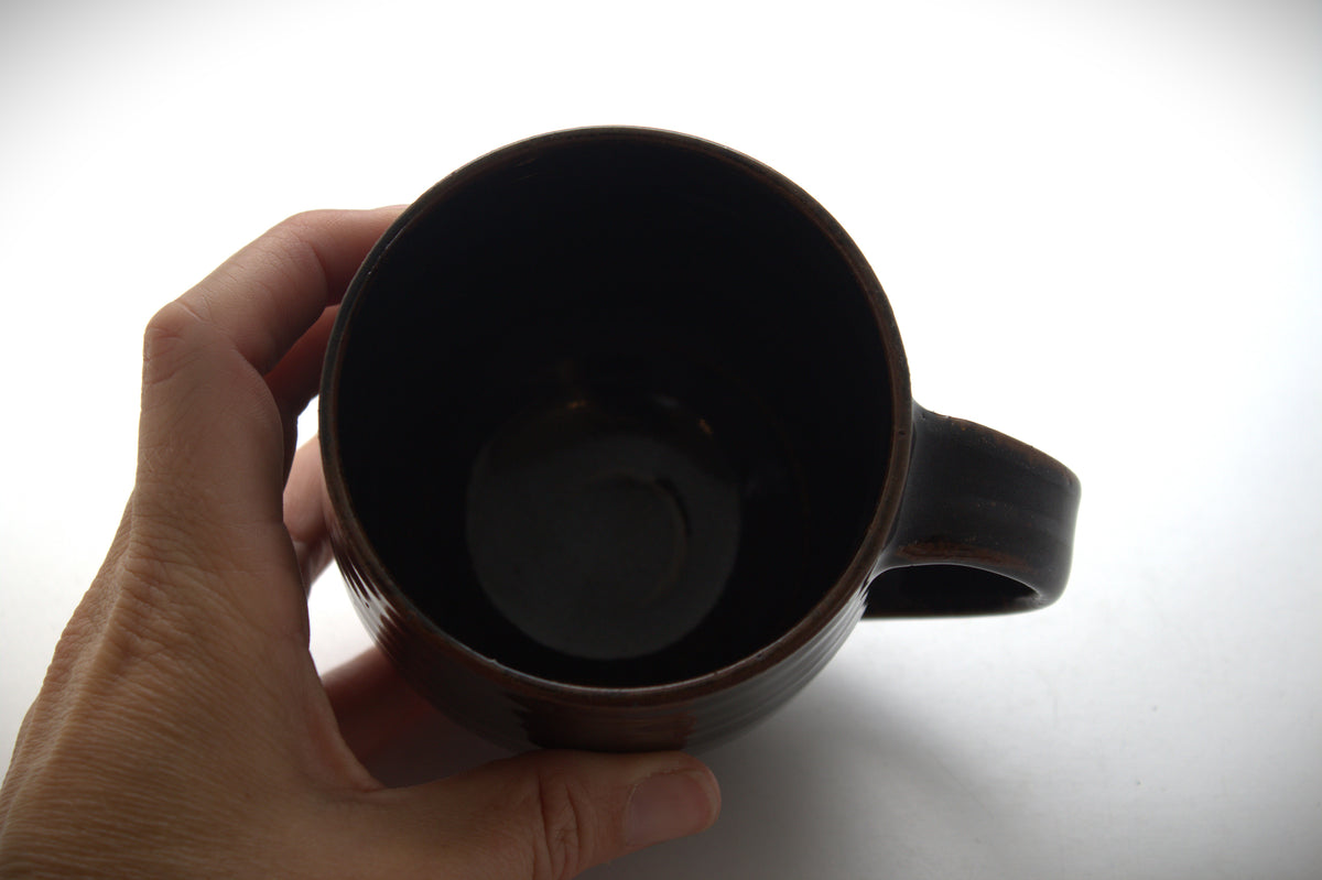 A hand holding a dark brown ceramic mug against a bright white background.