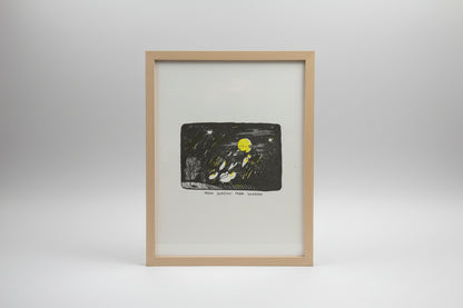 A square art print or illustration on white paper showing a dark night scene with a bright yellow moon, white stars, streaks of light, and a tree silhouette. Handwritten text below reads 'MOON SHADOW, MOON SHADOW'.