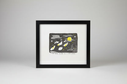 A hand-drawn style art print or card featuring a night sky scene with a yellow moon, stars, and several white and yellow moon phases. Below the illustration, handwritten text reads, 'I'M BEING FOLLOWED BY A MOON SHADOW.