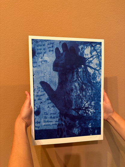 A person holds a square art print featuring a blue-toned cyanotype-style image of a hand reaching upward through tree branches, against a warm brown wall.